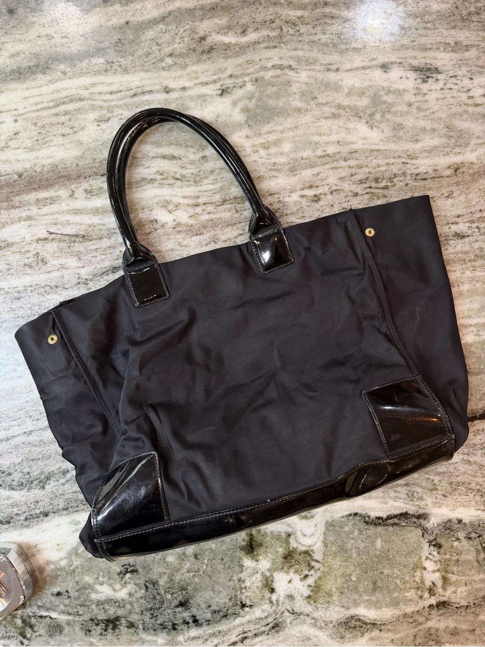 Tory Burch Black Nylon Tote with Glossy Patent Logo